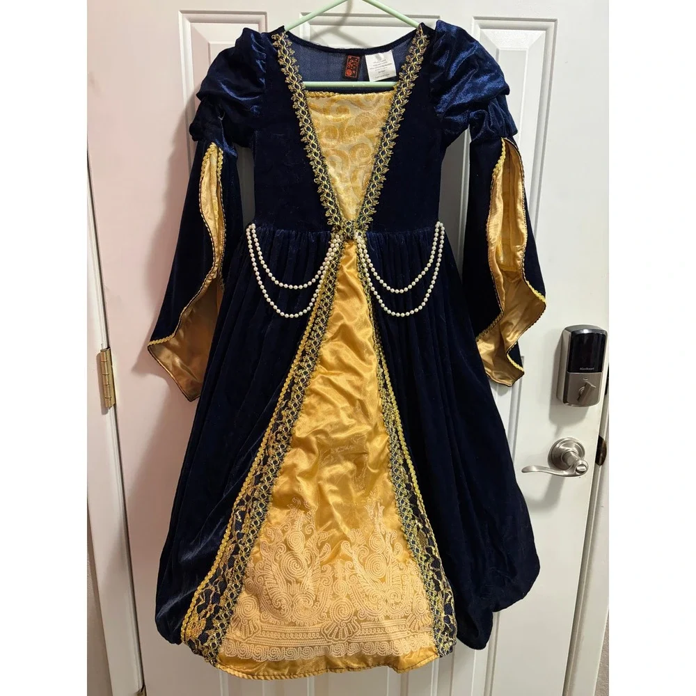 Blue Gold Renaissance Medieval Princess Costume Dress Velvet Girls Size 5-6